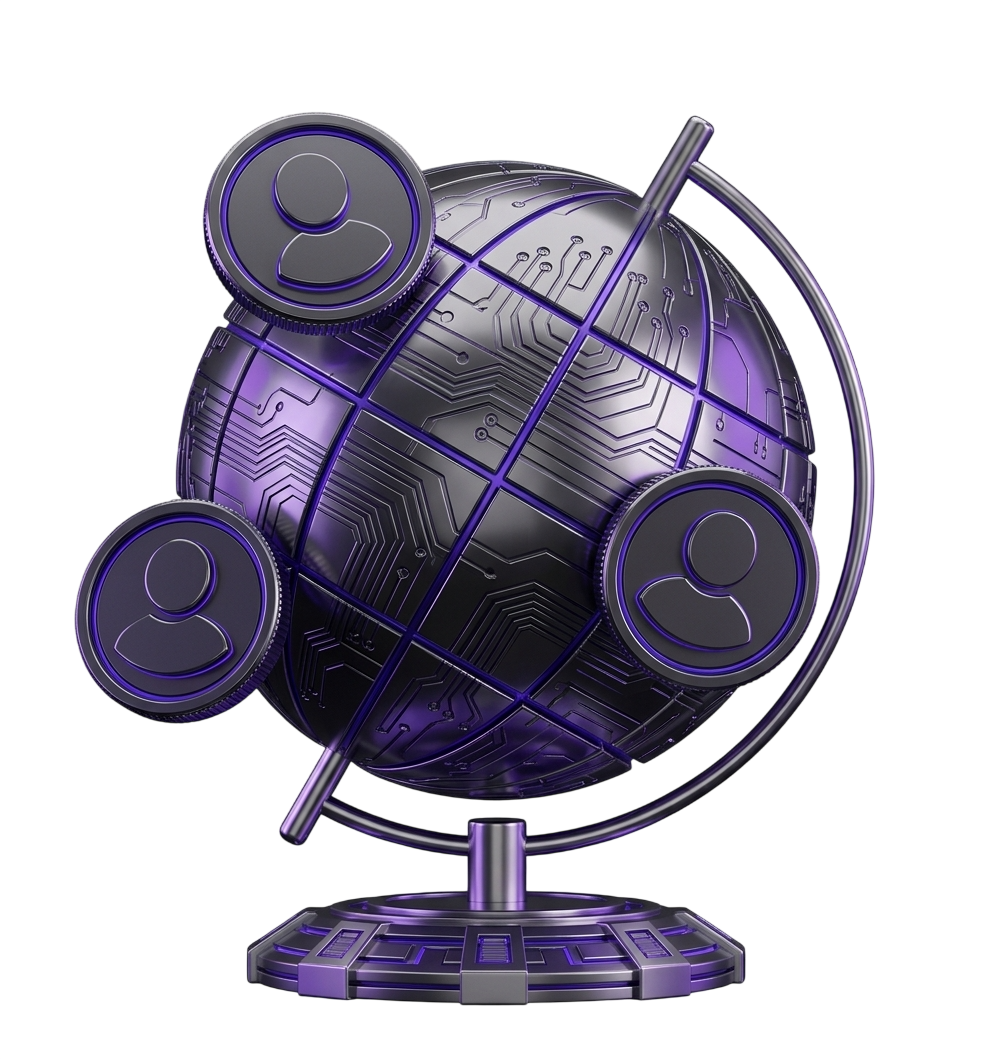 A globe ringed by orbiting user profile cards