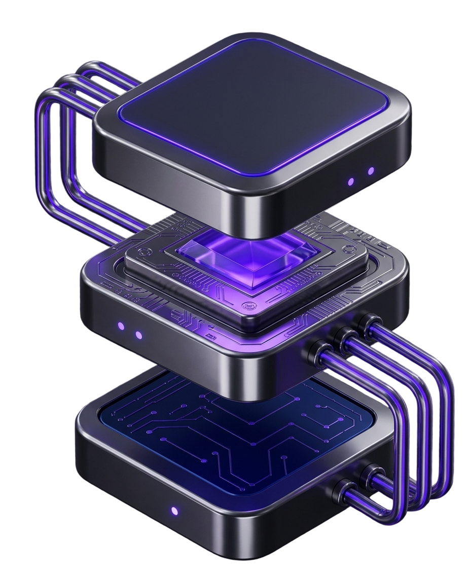 Three stacked server modules linked by glowing conduits