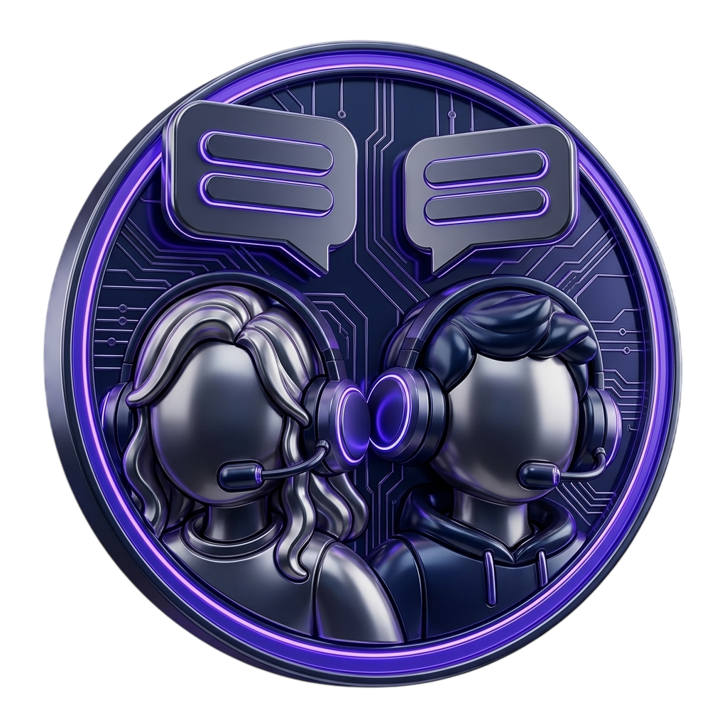 Two support agents wearing headsets beneath chat bubbles