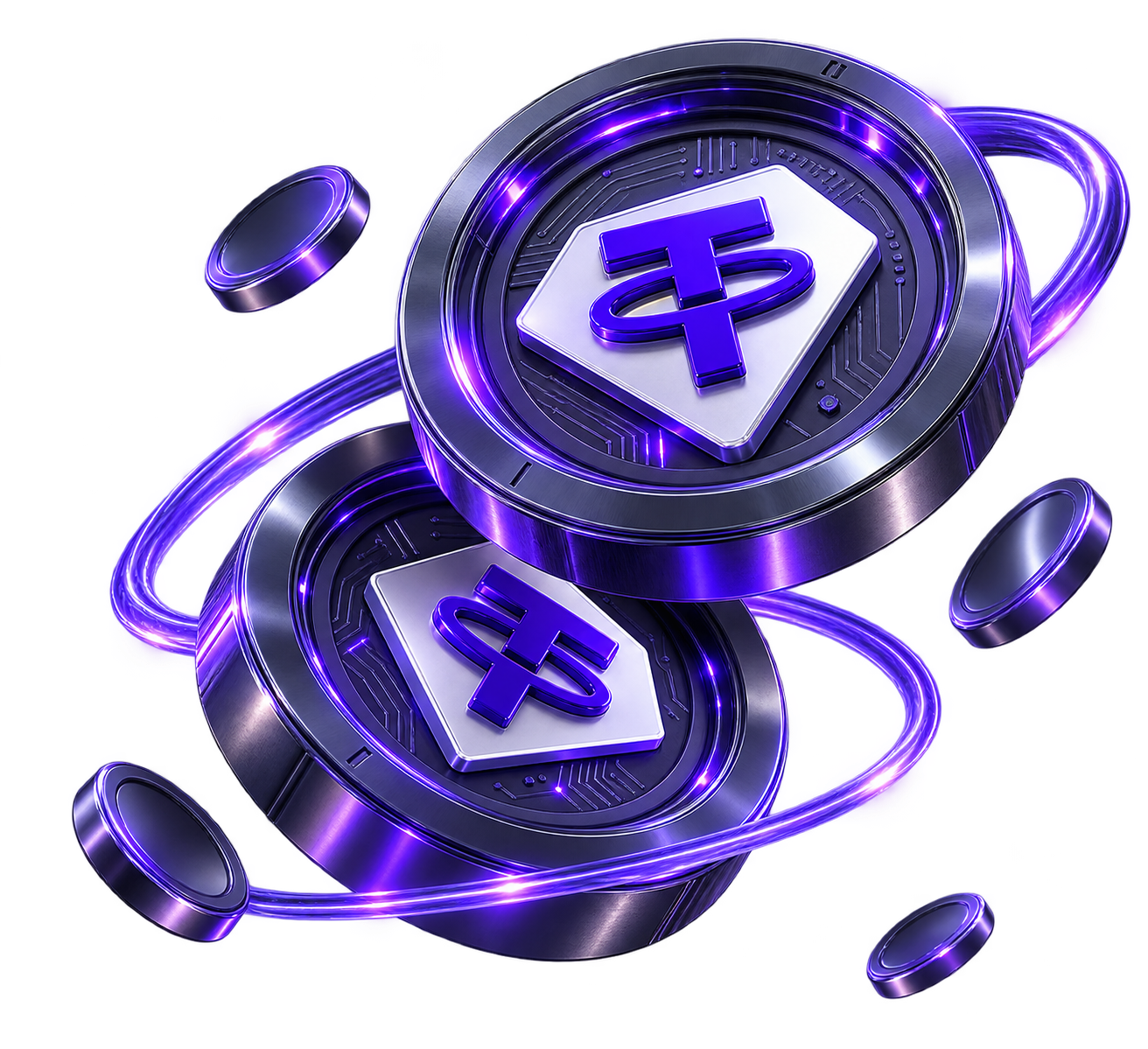 Two Tether (USDT) coins encircled by an orbiting light trail